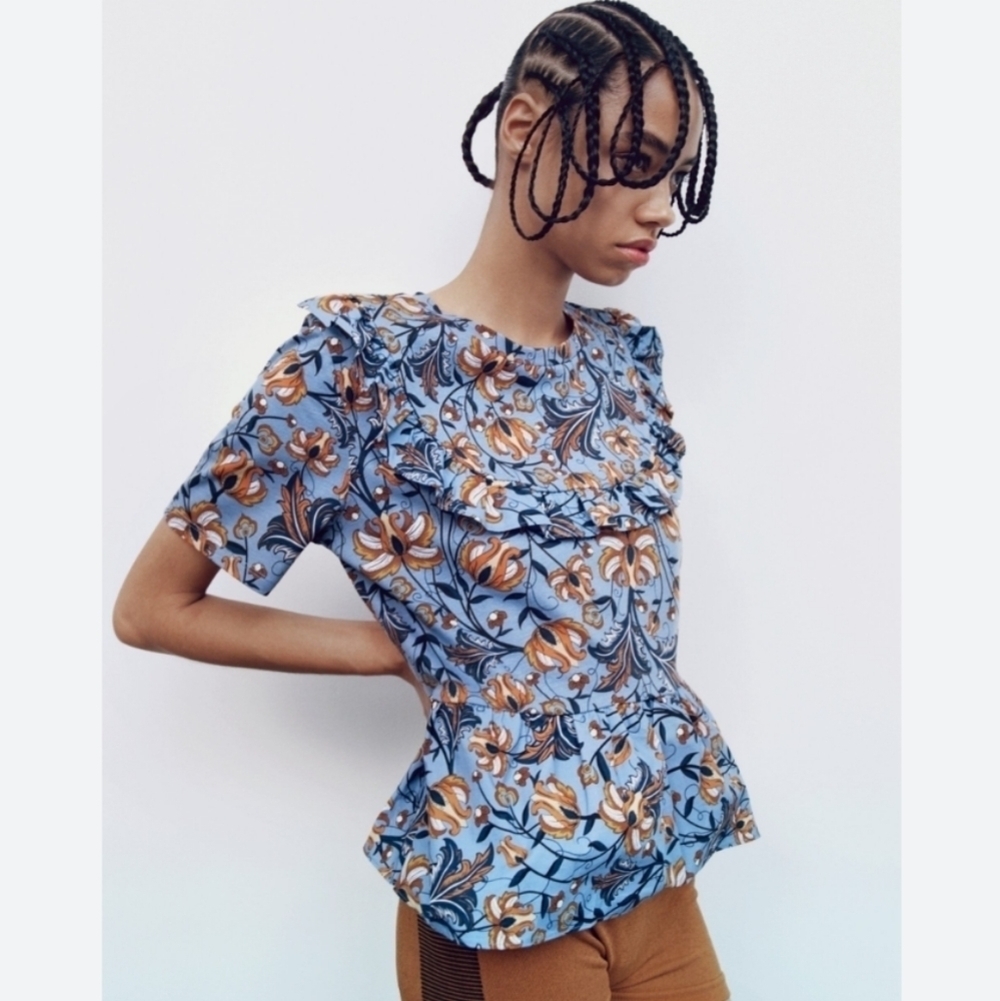 Zara PRINTED bright floral peplum T-SHIRT WITH RUFFLES Small @u